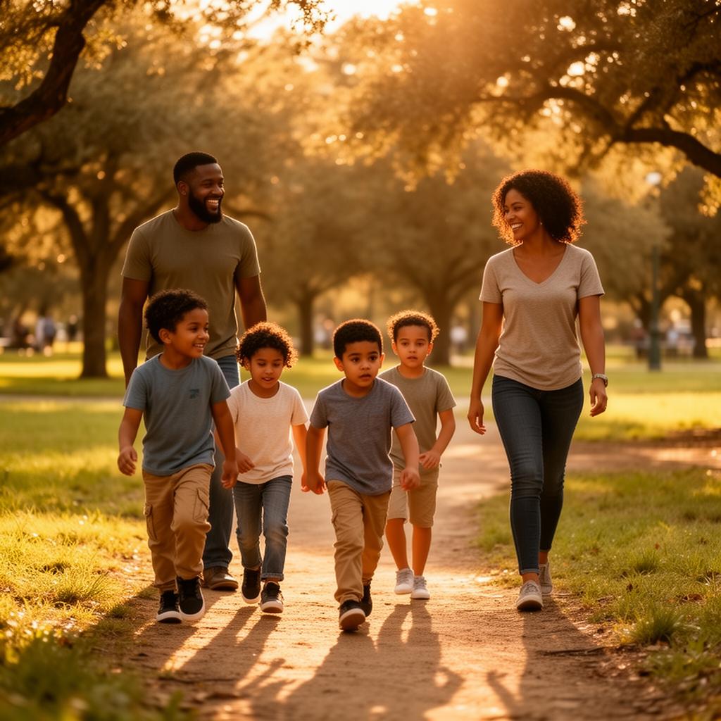 A Black family with children of different ages, including a Latino child, walking together along a golden, tree lined trail at sunset.
